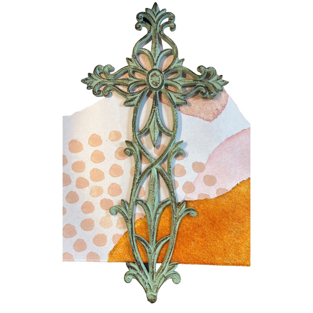 Fleur De Lis Wall Cross Cast Iron Floral Leaves Ornate Green Rustic Victorian